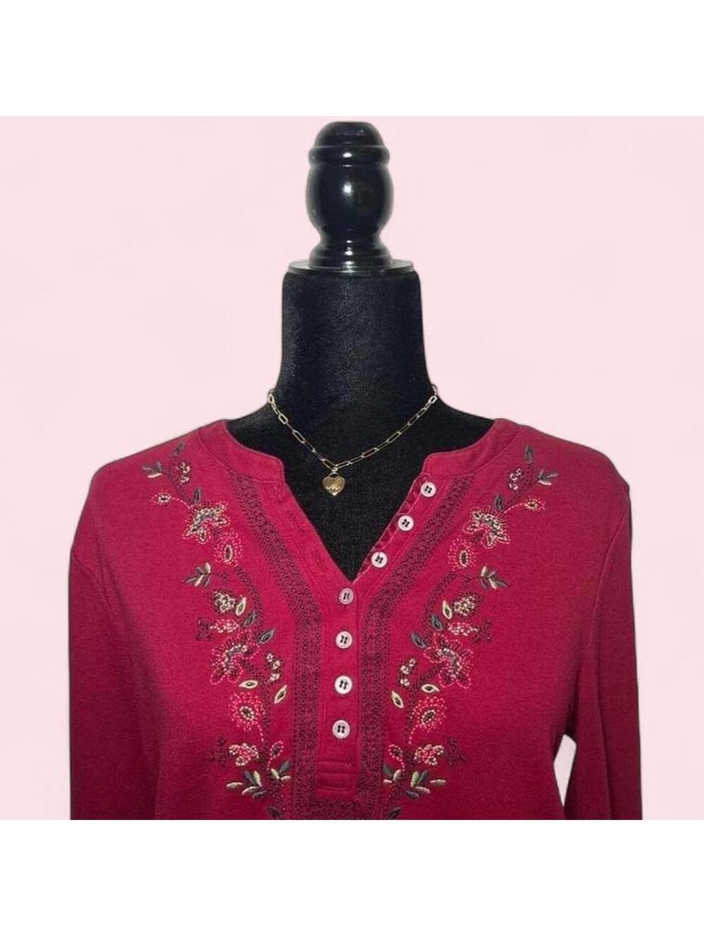 Tradition Red Long Sleeve Button Up Floral Embroidered Beaded Y2K - Picture 2 of 3